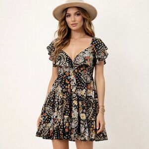 NWT Free People Undone Paisley Floral Mini Dress Small Black Ruffle Festival